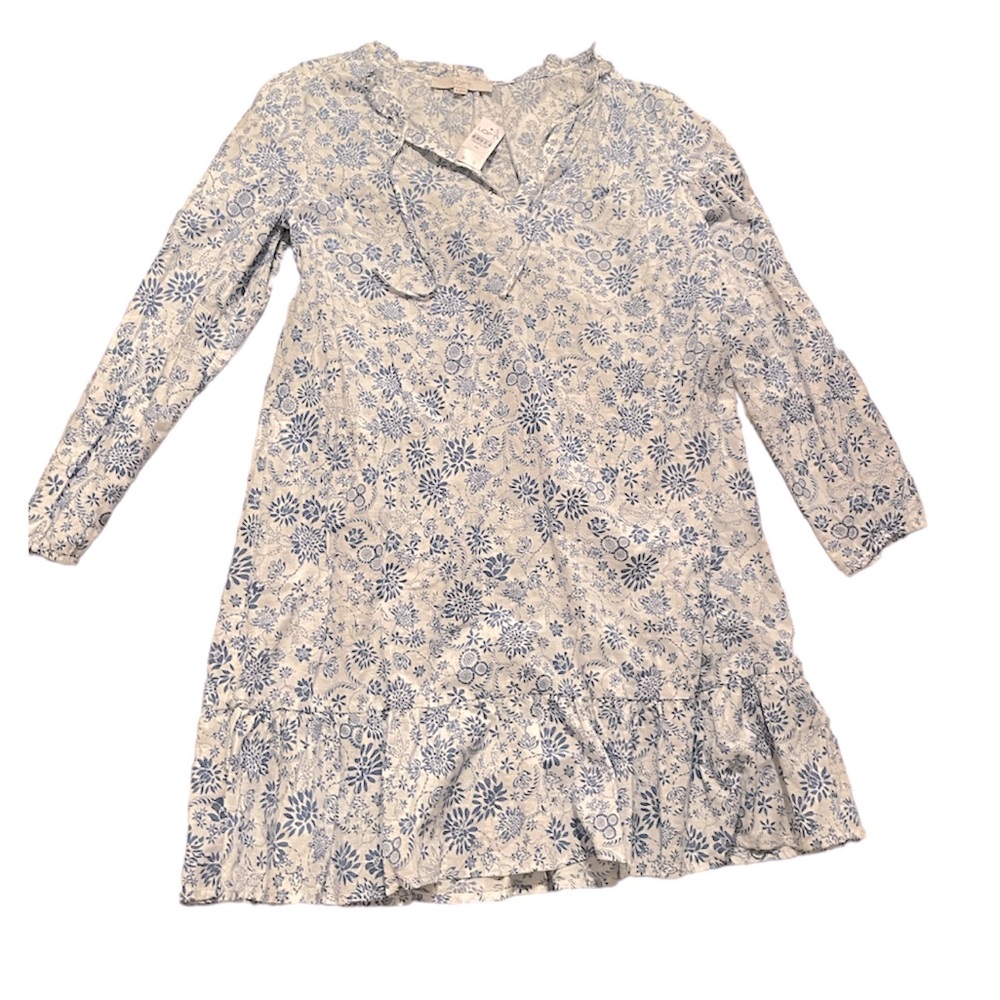 LOFT Blue White Floral Ruffle Long Sleeve Mini Dress NWT Size Medium